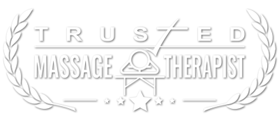 A white Trusted Massage Therapist Badge.