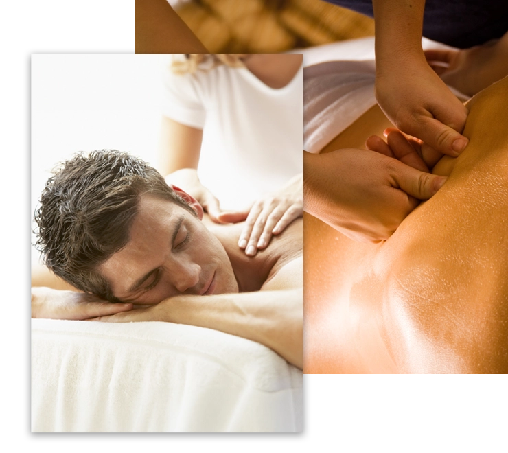 People receiving massages in a collage of 2 photos.