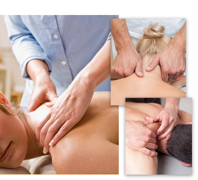 People receiving massages in a collage of 3 photos.